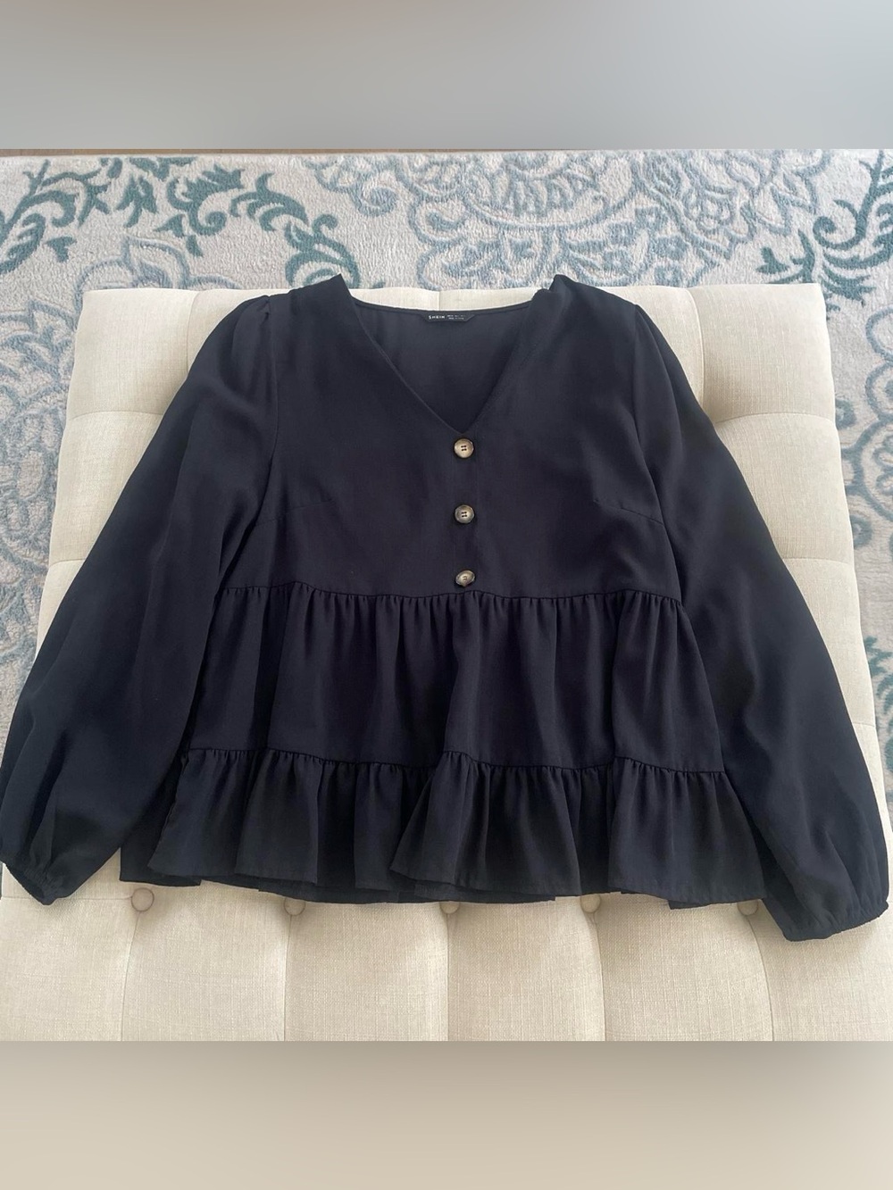 SHEIN Black Tiered V-Neck Button Blouse